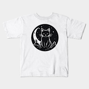 Cat Under Moon Sky Furry Cute Vector Graphic Kids T-Shirt